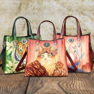 Genuine Leather Purses and Handbags Women Hand painted Shoulder Bag Tote Bag - Picture 1 of 21