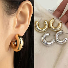 Retro Alloy Chunky C Shape Hoop Earrings Glossy Gold Round Ear Jewelry