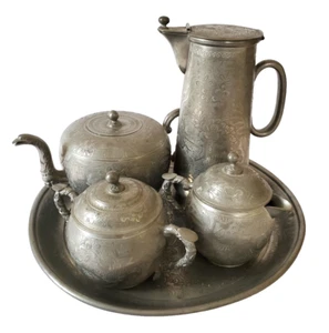 Antikes Kut Scharnier Swatow 5-teiliges Zinn Kaffee & Teeservice, Schlange & Blumen - Bild 1 von 23