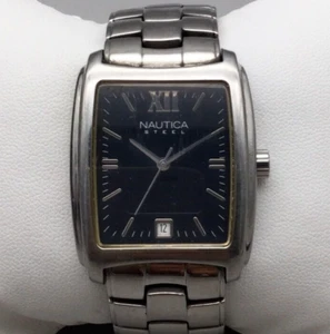 Nautica Steel Tank Watch Men 31mm Silver Tone Date Black Dial New Battery 6.5" - Picture 1 of 14