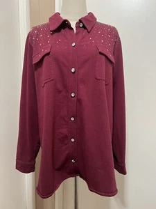 Dream Jeannes Quacker Factory Jacket Shirt Burgundy Rhinestone Studded 1X NEW - Picture 1 of 9