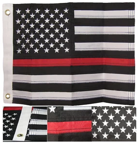 12x18 Embroidered Sewn USA Thin Red Line Support Fire Dept Nylon Flag Grommets  - Picture 1 of 9