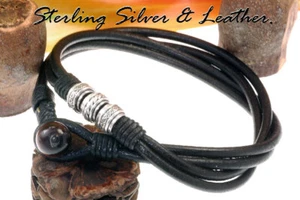 Choker Necklace Sterling Silver Leather Tiger Eye Choker Men Necklace 2N-446 - Picture 1 of 8