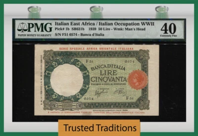 TT PK 1b 1939 ITALIAN EAST AFRICA / ITALIAN OCCUPATION WWII PMG 40 ONLY 1 FINER! - Image 1 of 2