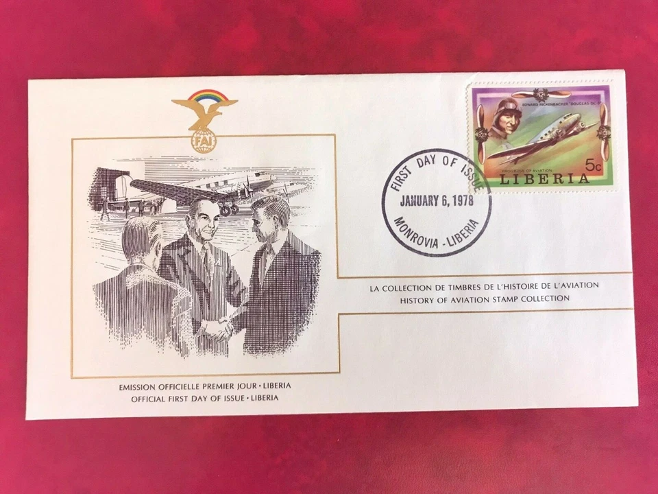 LIBERIA 1978 FDC FAI AVIATION EDWARD RICKENBACKER DOUGLAS DC-3 - Image 1 of 1