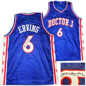 76ERS JULIUS "DR. J" ERVING AUTOGRAPHED BLUE JERSEY BECKETT WITNESS 232613 - Picture 1 of 7