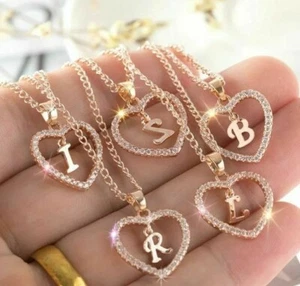 26 Letters Name Initial Zircon Love Heart Pendant Necklaces Link Chain Necklaces - Picture 1 of 32
