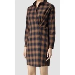 All Saints Braxon Asymmetrical Plaid Shirt Dress Cotton Rust/Blue Size 6 - Picture 1 of 9