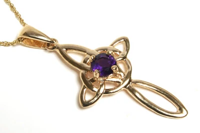 9ct Gold Amethyst Celtic Cross Pendant and Chain Necklace Gift boxed Made in UK - Image 1 of 4
