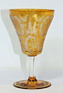 EXCELLENT 19th CENTURY BOHEMIAN WHEEL CUT GOLDEN AMBER FLASHED WINE GLASS - Picture 1 of 19
