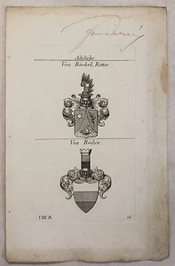 Kupferstich Wappen Familie Von Röckel Ritter & Von Röder 1825 Heraldik Adel xz - Bild 1 von 1