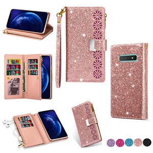Glitter Zipper Wallet Case For Samsung S7 S8 S9 S10 S20+ Ultra Note Magnet Cover - Picture 1 of 17