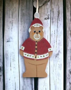Vintage Folk Tole Art Wooden Santa Bear Christmas Wall Art Plaque Hand painted  - Picture 1 of 10