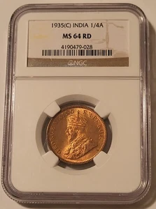 India George V 1935 (C) 1/4 Anna MS64 ROJO NGC* - Imagen 1 de 4