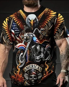 2 pack XXL Summer Flying Eagle Motorcycle Short Sleeved Printed R Neck T-Shirt - Picture 1 of 5
