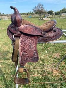 Sillín pony western de cuero trabajado Big Horn de 12" usado con asiento de gamuza hecho en EE. UU. - Imagen 1 de 11