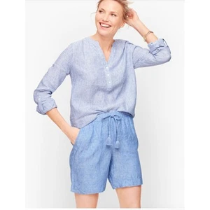 Talbots Linen Popover Top M Blue White Stripe Blouse Coastal Beach Resort Boho - Picture 1 of 7