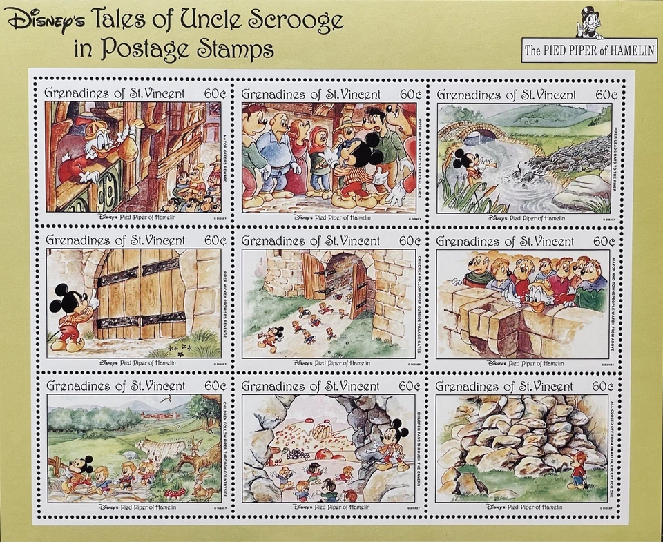HOJA DE ESTAMPILLAS DE FLAUTISTA DE HAMELIN DE SAN VINCENT DISNEY MNH 1992 CUENTO DE HADAS MICKEY Foto 1 de 1