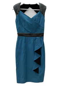 PAPER DOLLS Sz UK8 Teal Blue & Black Faux Leather Knee Length Dress Open Back - Picture 1 of 9