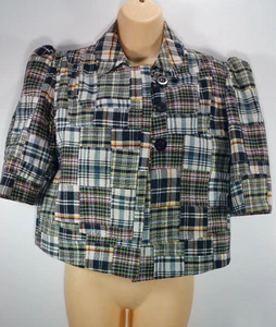 CAROLE LITTLE Madras Plaid Patchwork Jacket Blazer Crop Bolero Cape Shawl Medium - Picture 1 of 9