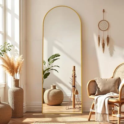 Gold Floor Mirror Full Length Mirror with Stand Arched/Rectangle Freestanding - Image 1 of 4