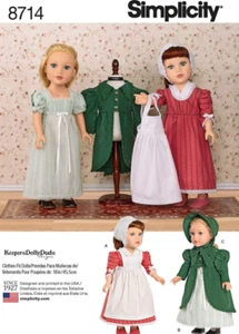 New Simplicity Pattern 8714 18" Doll Clothes Colonial Bonnet Dress Apron - Picture 1 of 2