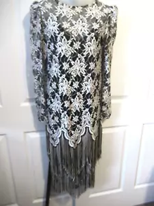 LILLI RUBIN Vtg Black white Crochet Knit Fringed Flapper Dress Roaring 20s Sz 10 - Picture 1 of 9