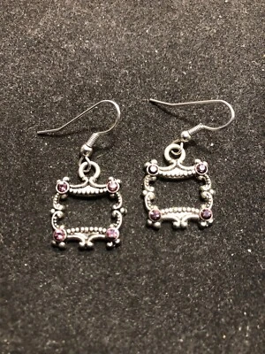 Shepard's Hook Pierced Earrings, 4 Purple Stones, Pewter Tone, Frame Shaped - Image 1 of 4