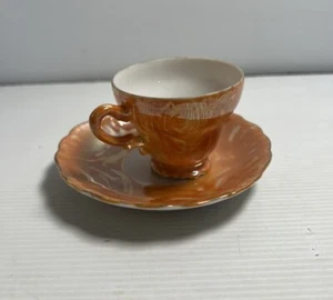 Very Small Cup and Saucer Vintage Lustre Made In Japan Orange - Picture 1 of 17