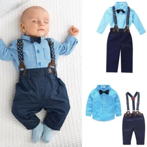 Baby Boys Gentleman Clothes Outfits Infant Bowtie Plaid Tops Suspenders Pants - Picture 1 of 8