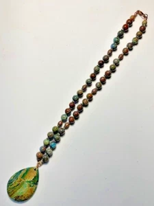 STUNNING2" GREEN & BROWN JASPER TEARDROP PENDANT ATTACHED TO 19" BEADED NECKLACE - Picture 1 of 3