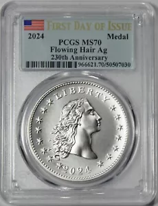 2024 Flowing Hair Silver Medal, PCGS MS70, FDOI, Top Pop None Better. - Picture 1 of 3