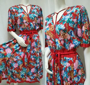 Vintage 1980s DIANE FREIS 100% Silk Red Floral Print Carwash Gypsy Dress - M/L - Picture 1 of 17