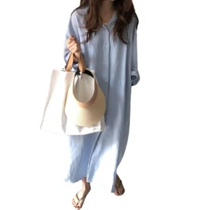 Women Loose Long Shirt White Blouse Dress Casual Cotton Oversized Button Down - Picture 1 of 12