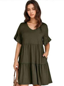 Women's V Neck Ruffle Short Sleeve Mini Dress with Pockets NEW - Picture 1 of 14