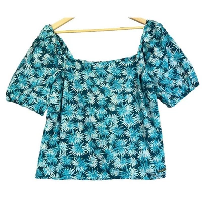 Michael Kors Peasant Blouse Large Teal Gold Floral Puff Sleeve Sheer Cotton NEW - Image 1 of 4
