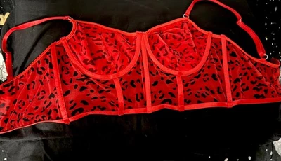 Plus Size Red Sheer Mesh Longline Bralette with Black Leopard Print Size 1XL - Image 1 of 4