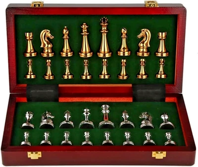 Luxury Metal Chess Set with Wooden Board, Gold and Silver Pieces, Folding Storag - Image 1 of 4