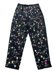 Talbots 10 (29x29) Irish Linen Pants Floral Emboidered Black Boho Art to Wear - Picture 1 of 11