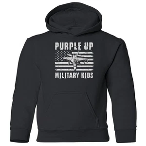 Purple Up Military Kids - US Flag Fighter Jet Design Youth Hooded Sweatshirt - Picture 1 of 3