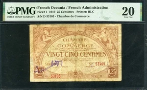 Oceania francese 1919 25 centesimi P1 PMG 20 VF - Foto 1 di 2