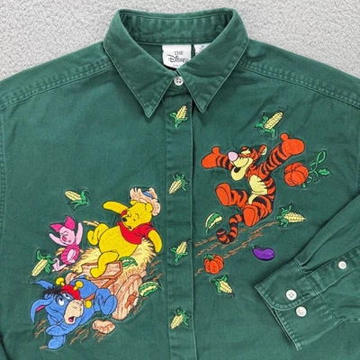 Winnie The Pooh Shirt Mens Medium M Green Embroidered Thick Button Up Disney VTG - Image 1 of 4