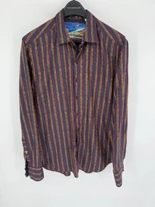 Camisa Robert Graham Para Hombres Med Marrón Rayas Informal Puño Abatible Calaveras Abstractas - Imagen 1 de 9