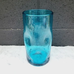 Blue Blenko Crackle Dimple Art Glass Handblown Vase Tall 7.75" - Picture 1 of 7