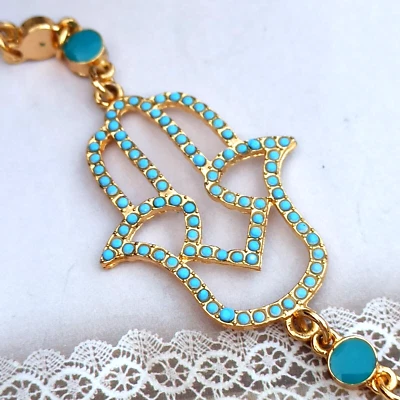 Hamsa Bracelet Ethnic Turquoise Gold Tone Enamel Amulet Protector Oriental Gift - Image 1 of 4