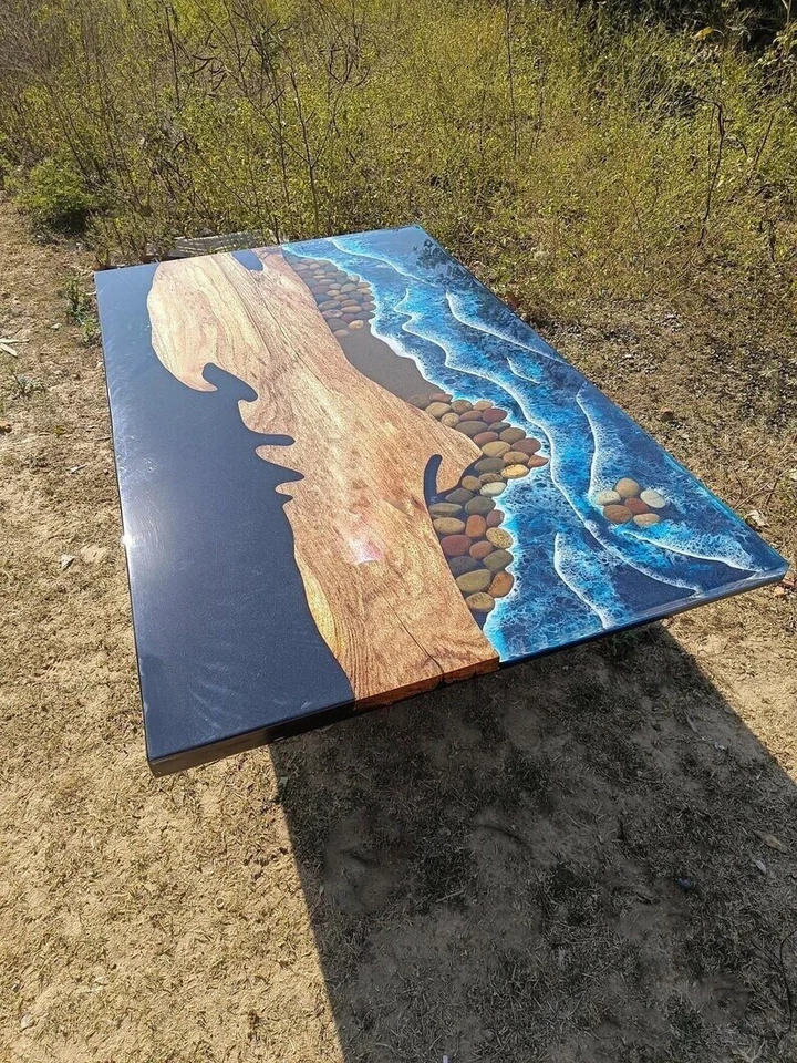 Ocean Beach Epoxy Dining Table Tops Handmade Custom To Order Dining Room Decor - Image 1 of 4