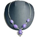 Charoite Purple Gemstone Teardrop Pendant Statement Necklace 925 Silver Marks