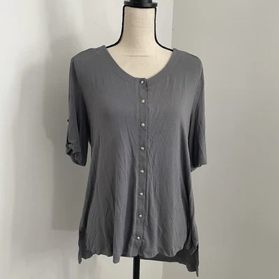 Camisa Cato Abotonada Manga Corta Grande Gris Pizarra Pestaña Enrollable Cómoda Prenda para el torso de Salón Foto 1 de 4