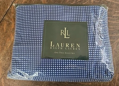 Vtg Ralph Lauren Twin Sheet 3 Pc Set Blue Small Gingham Checkered New In Package - Image 1 of 2