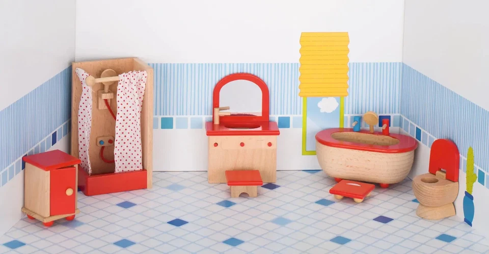 Puppenmöbel Badezimmer | Dusche H= 14 cm, Buchenholz, 7 Teile, per Set | 51959 - Bild 1 von 1